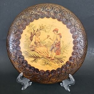 Vintage Wood Wall Platter Wall Art Carved Rim Edge Franch Courting Couple Displa
